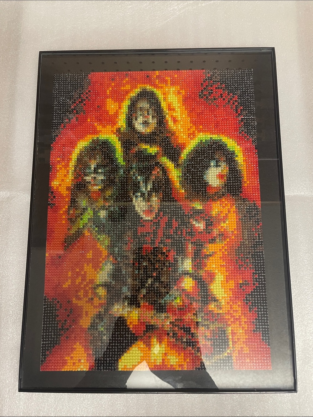 Kiss Picture Home Art Mosaic in Red, Orange, Yellow 15x11.5 Frame Black.